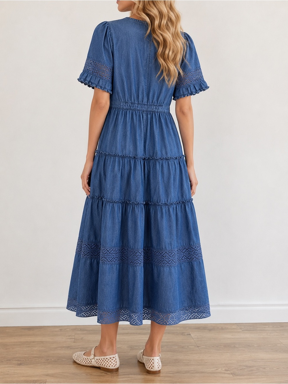 NWT Gap x LoveShackFancy Denim Tiered Midi Dress L Dark Wash Lace Button Front - Picture 4 of 16